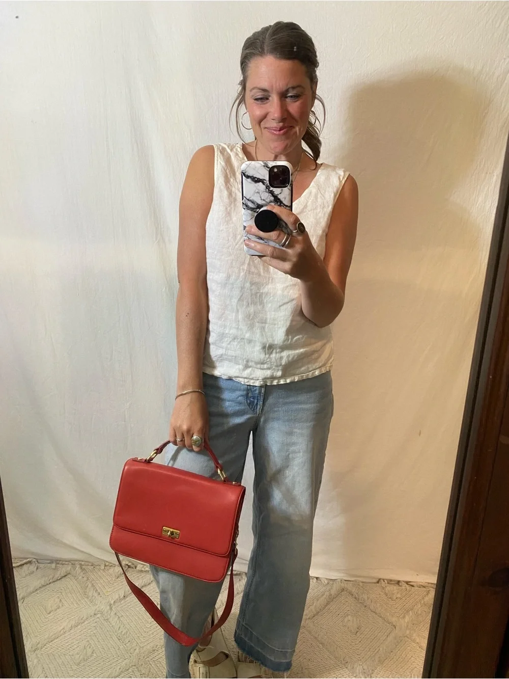 J. Crew Red Leather Top-Handle Satchel with Gold Hardware